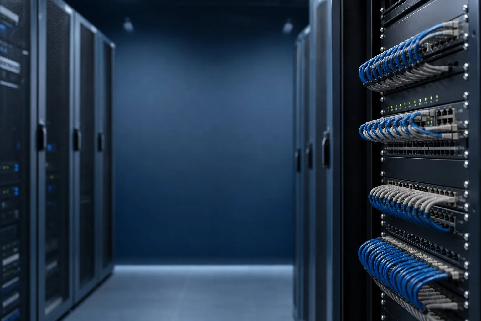 Netwerkkast met bekabelde switches in een professionele serverruimte